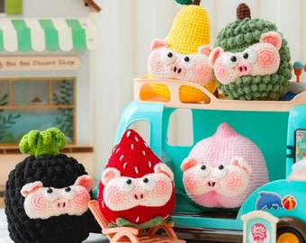 Fruits Set Crochet Pattern, Fruit Pig Amigurumi, Beginners Crochet Peach, Pear, Strawberry Pattern