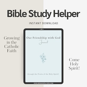 Puede incluir: Una descarga digital para un diario de estudio bíblico titulado "Our Friendship with God Journal" con un fondo azul claro y una ilustración floral. El texto "Growing in the Catholic Faith" está en el lado izquierdo de la imagen y el texto "Come Holy Spirit!" está en el lado derecho de la imagen. El texto "through the Fruits of the Holy Spirit!" está en la parte inferior de la portada del diario.