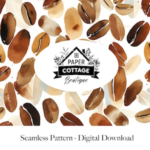 Może przedstawiać: Bezszwowy wzór z ziarnami kawy w stylu akwareli w odcieniach brązu i beżu na białym tle. Projekt zawiera tekst "PAPER COTTAGE Boutique" w owalnym kształcie. Obecne są również słowa "Seamless Pattern - Digital Download".