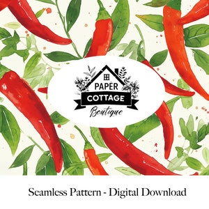 May include: A seamless pattern featuring red chili peppers and green leaves on a white background. The pattern includes the text "Paper Cottage Boutique".
