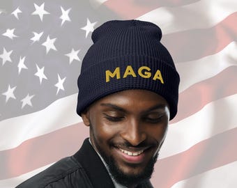 MAGA Beanie Trump Beanie MAGA Knit Cap Embroidered Beanie Trump Knit Beanie MAGA Hat Gold Maga Hat