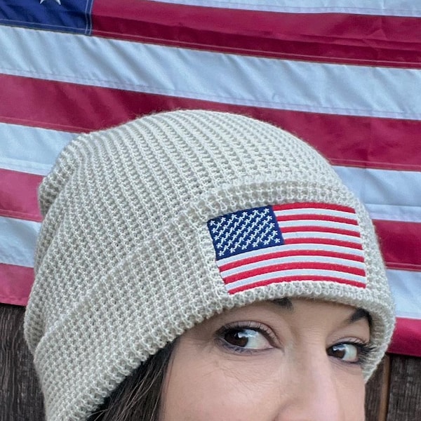 Ribbed Knit Embroidered USA Flag Beanie / Premium Beanie Available In 8 Colours / Recycled Polyester