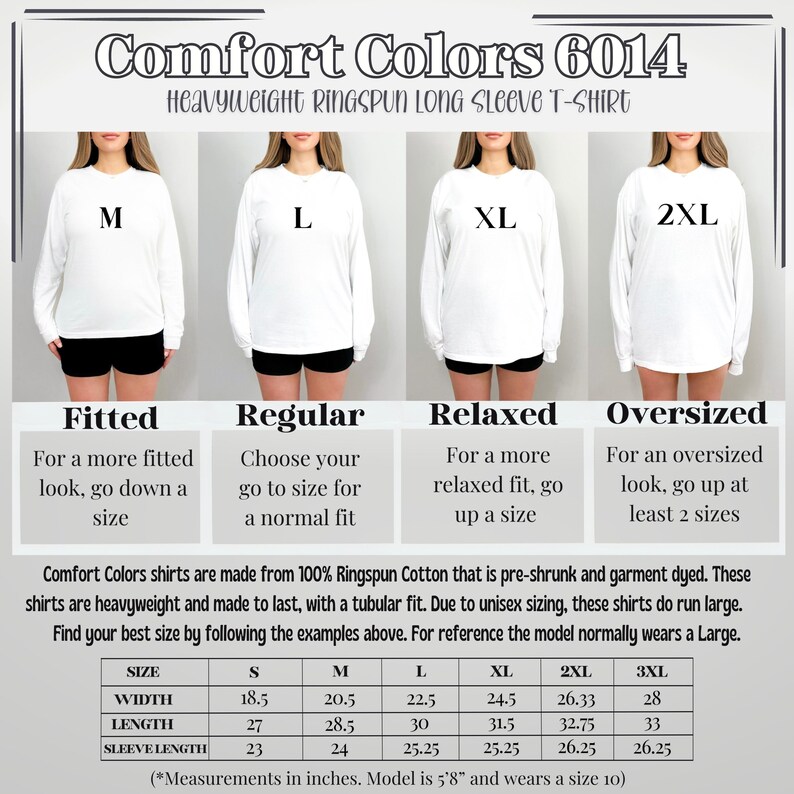 以下が含まれることがあります： 白の Comfort Colors ヘビーウェイト長袖Tシャツ、サイズはM、L、XL、2XL。画像には、幅、長さ、袖丈（cm）などのサイズ情報が記載されています。シャツは100％リングスパンコットン製です。