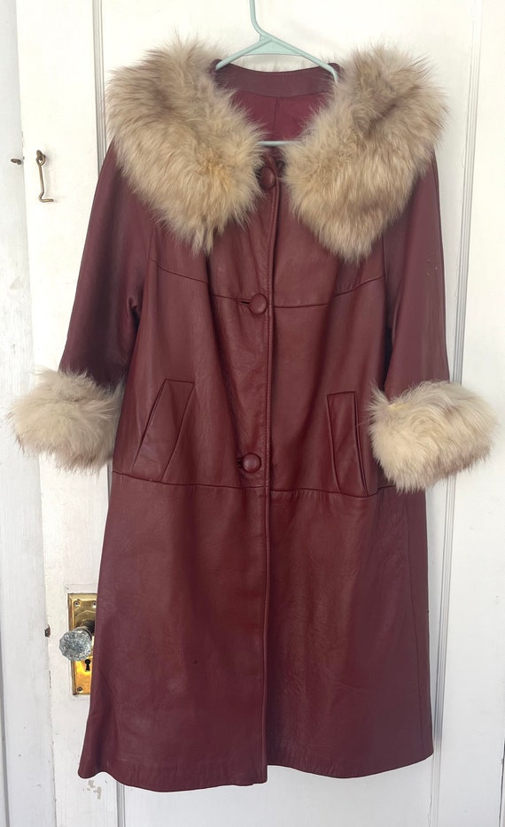 1960s Vintage Red Burgundy Leather Fur Trimmed Coa