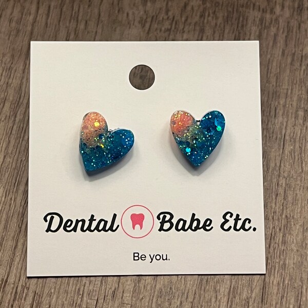 Blue and Orange Crush Heart Shaped Resin Earrings