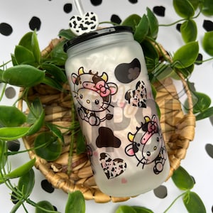 Cow Glass cup| Kitty Cup| Kawaii Vup| Frosted Cup| Cow acup