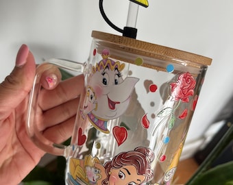 Belle Princess Glass Mug: 16oz with Lid & Straw