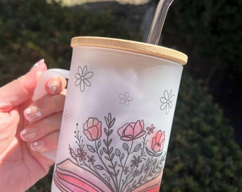 Floral Book Lover Glass Mug: 16oz with Lid & Straw