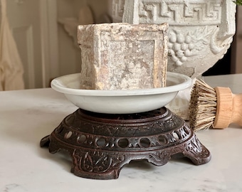 Upcycled Antique Soap Dish | Ornate Cast Iron Stand | Porcelain Drainer | circa 1900