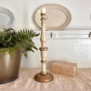 Antique Turned Wood Candlestick | Baluster | Chippy Cream & Gold Patina | circa 1880