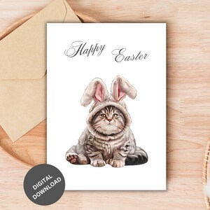 Cartes de Pâques drôles d'oreilles de lapin, chat tigré, cartes pour les amoureux des chats, cartes de Pâques imprimables, téléchargement numérique de Pâques, Joyeuses Pâques, Pâques #13