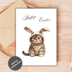 Cartes de Pâques drôles d'oreilles de lapin, chat tigré, cartes pour les amoureux des chats, cartes de Pâques imprimables, téléchargement numérique de Pâques, Joyeuses Pâques, Pâques #12