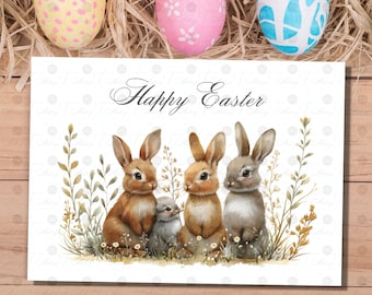 Happy Easter printable card, Easter greeting card, Digital download, Easter bunny, Easter flower, Card template, Easter #2