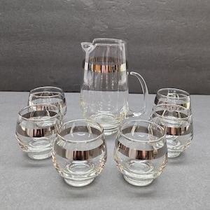 Vintage Libbey MCM Silver Band Cocktail Pitcher and Roly Poly 7 Piece Set Perfect for Your Vintage Bar and for Mixing Up Classic Cocktails