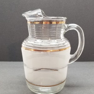 Vintage MCM Sugar Frosted Etched Gold Trim Large Pitcher