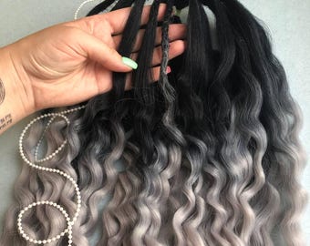 Ombre Curly Dreadlocks Extensions: Black to White Synthetic Boho Dreads