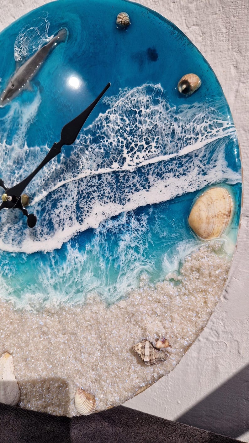 Ocean Resin Wall Clock, Handmade Beach Coastal Decor, Whale Seashell ...