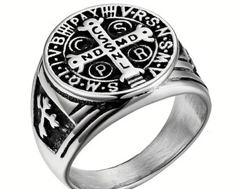 Indulge in the Sacred Craftsmanship from Jerusalem: Exorcism Saint Benedict CSBP Cross Men's Rings, Handcrafted with Divine Inspiration
