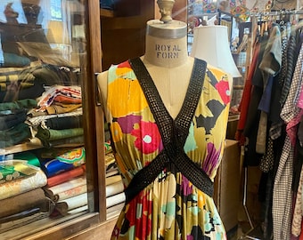 Vintage Missoni Floral Dress w/ Black Knit Trim Made in Italy
