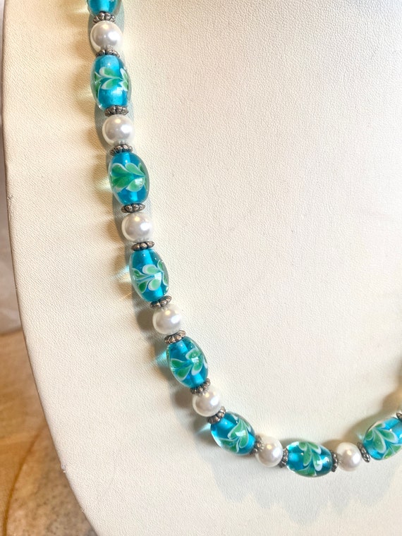 Vintage Blue/Green Floral Glass Bead Necklace wit… - image 5