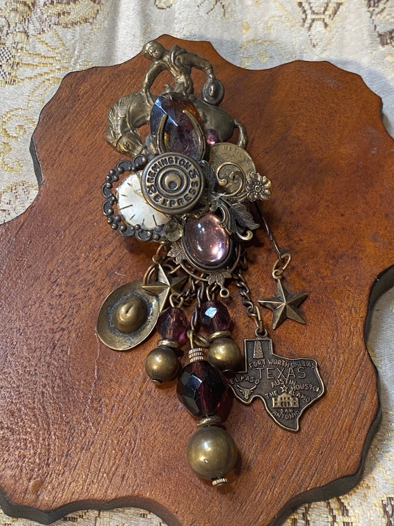 Vintage Lisa Carlson Texas Cowboy Brooch with Dangling Accents