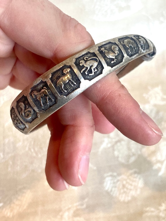 Vintage Silver Engraved Chinese Zodiac Motif Brace