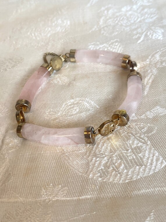 Vintage Pink Rose Quartz Bracelet With Chinese Ch… - image 1