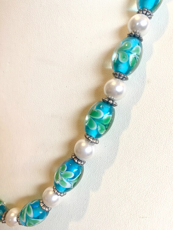 Vintage Blue/Green Floral Glass Bead Necklace wit… - image 2