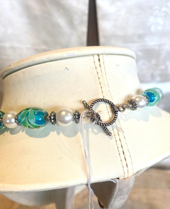 Vintage Blue/Green Floral Glass Bead Necklace wit… - image 3
