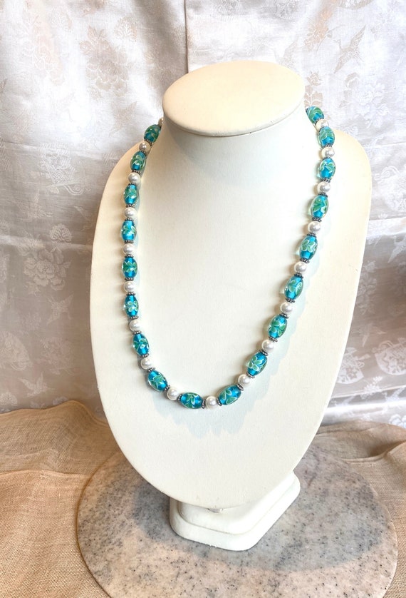 Vintage Blue/Green Floral Glass Bead Necklace wit… - image 1