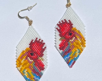 Hand Beaded Rooster Earrings: Miyuki Delica Beads, Gold Filled