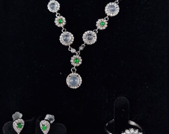 Conjunto de joyería de Jade Jadeíta Natural Certificado tipo A de 3 piezas en montura de plata S925 (anillo, collar y pendiente)