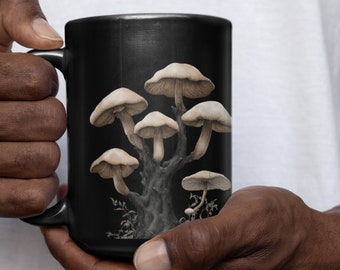 Magischer Pilz-Becher Psychedelischer Pilz-Kunst-Kaffeetasse Verzauberter Wald-Pilz-wilder Pilz-Waldschwarzer keramischer Becher 15 Unze