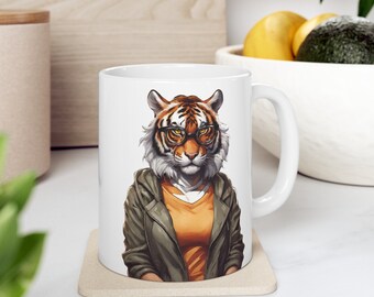 Gift For Friend | Gift For Coworker | Grungy Female Tiger | Female Tiger Ceramic Mug, 11oz