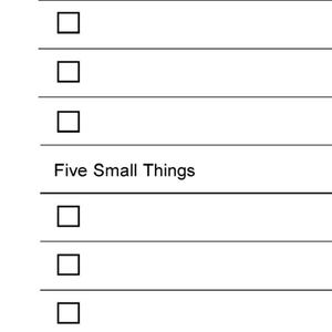 May include: A black and white checklist with the text "One Big Thing", "Three Medium Things", and "Five Small Things". There are blank checkboxes next to each category. There is also a section for "Notes" with a blank line.