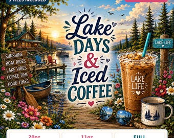 Lake Days Iced Coffee PNG Bundle, Summer Tumbler Mug Wrap (Digital Download)