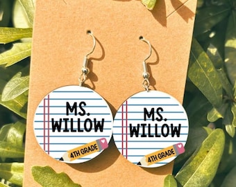 Personalized Teacher Earrings: notebook paper Round Wood Earrings
