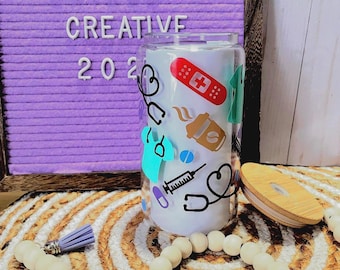 Nurse Life Glass Cup: Custom Travel Cup with Waterproof Vinyl Design