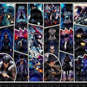 May include: A collage of panels featuring illustrations of characters from the "Solo Leveling" series. The artwork showcases dynamic action scenes with vibrant colors, including blues, purples, and reds, with the word "ARISE" visible in one panel.