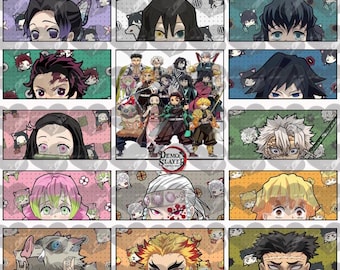 May include: A collage of anime-style character portraits from the "Demon Slayer" series. Each portrait features a close-up of a character's face, with varying hair colors and eye expressions. The background of each portrait is a different color with repeating character motifs.