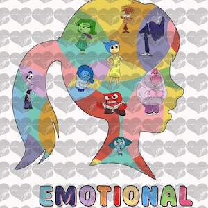 May include: A colorful graphic featuring the outline of a head filled with cartoon characters representing emotions. The text "IN MY EMOTIONAL ADVENTURE" is displayed above and below the head outline, set against a background of gray hearts.