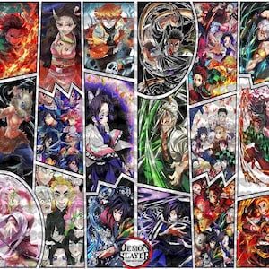 May include: A vibrant collage featuring characters from the anime series Demon Slayer. The artwork is divided into panels, showcasing various characters in dynamic poses with bold colors and detailed illustrations. The Demon Slayer logo is visible at the bottom.