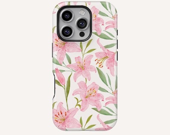 Funda para teléfono con diseño floral de lirio rosa: elegante funda con flores de acuarela