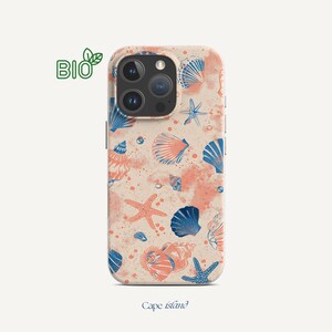 May include: A phone case with a beige background featuring a pattern of blue and orange seashells and starfish. The case has a bio-friendly logo in the upper left corner and the text "Cape Island" at the bottom.