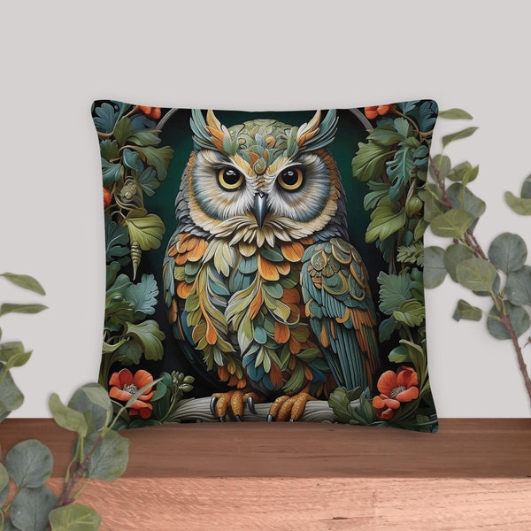 Ornate Owl in William Morris Inspired Style Square Pillow with Removable Zippered Case, Polyester. Rich colors. 2nd of 4 Popular Designs.