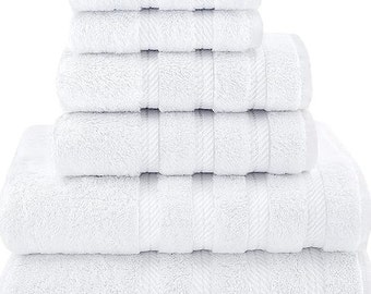 6-Piece Towel Set Luxury Quality 600 GSM 100% Genuine Combed Cotton, Super Soft & Absorbent Family Bathroom Towels - Bright White