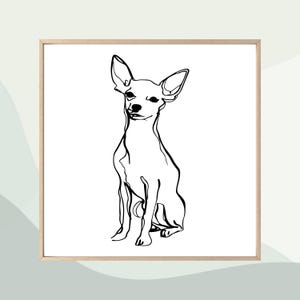 Puede incluir: Un dibujo lineal minimalista en blanco y negro de un perro chihuahua sentado, con orejas grandes y puntiagudas. La obra de arte está enmarcada en un marco de madera clara, sobre un fondo blanco.