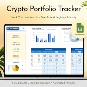 Puede incluir: Una pantalla de portátil muestra un rastreador de cartera de criptomonedas con gráficos y datos. El texto dice "Crypto Portfolio Tracker" y "Track Your Investments". El logotipo de Google Sheets es visible. La pantalla muestra detalles de la inversión, incluyendo ganancias/pérdidas.