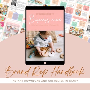 Może przedstawiać: Cyfrowy plik do pobrania z podręcznikiem dla przedstawicieli marki dla firm. Podręcznik został zaprojektowany do personalizacji w Canva. Okładka przedstawia dziecko bawiące się drewnianymi zabawkami.