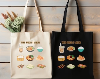 The food I Like Tote Bage, asia theme gift for asian food lover foodie grocery flower tote, eco bag shopping market bag rice boba noodle bag
